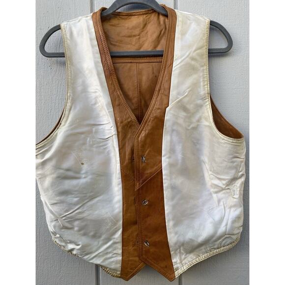 Genuine Leather Men's Vintage Button Vest Made in‎ Mexico Size 44 Tan/Brown - Picture 9 of 16